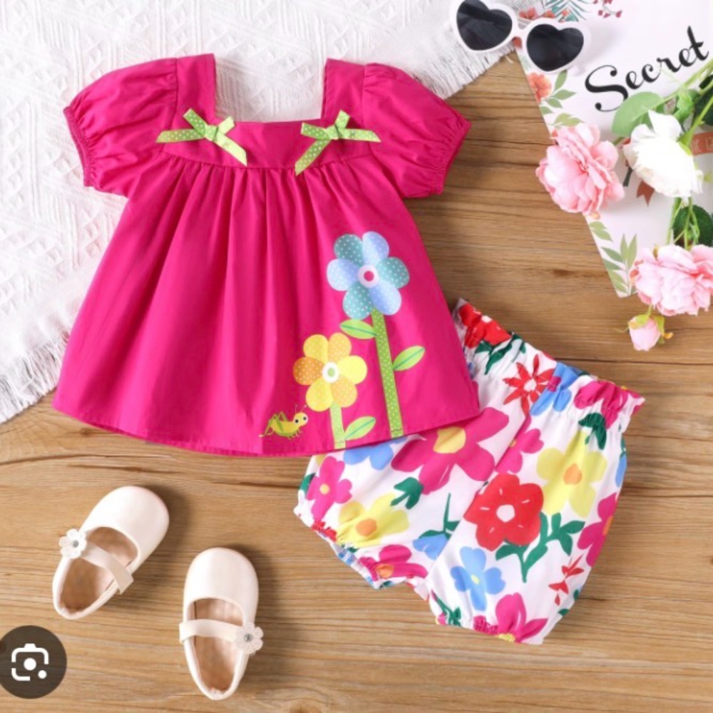Baby Girl 2pcs Sweet Big Flower Pattern Square Neckline Top and Shorts Set Roseo